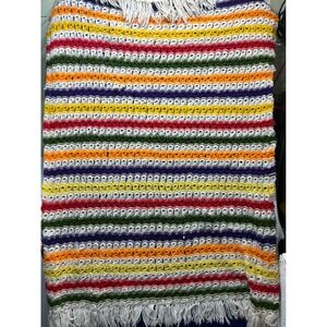 [Boho] Unisex Unbranded Crochet Rainbow Striped Afghan Blanket 60x46 Multicolor